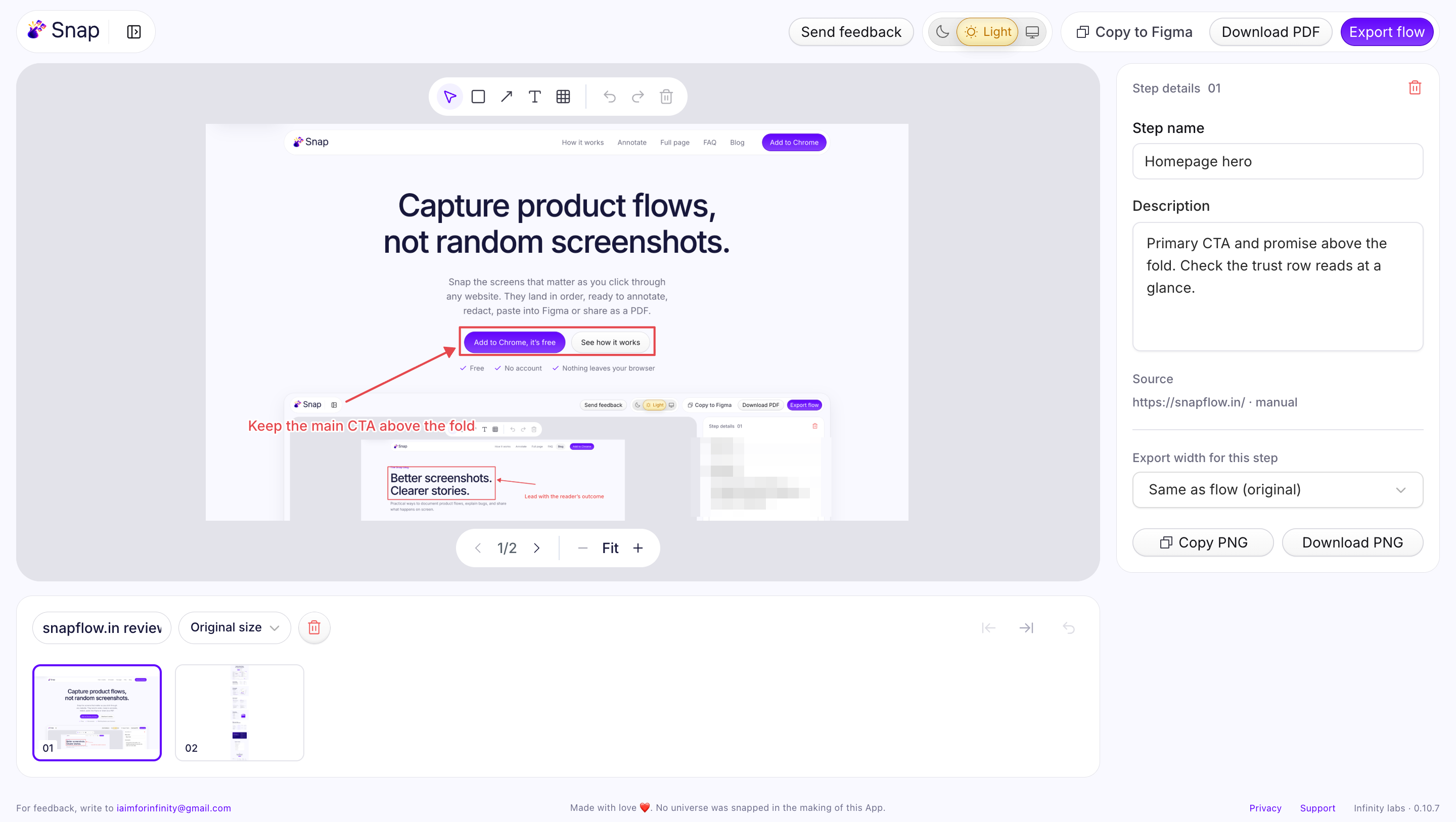 The Snap editor with a capture of the snapflow.in homepage: a box around the call-to-action buttons, an arrow, the label “Keep the main CTA above the fold”, and a pixelated area.