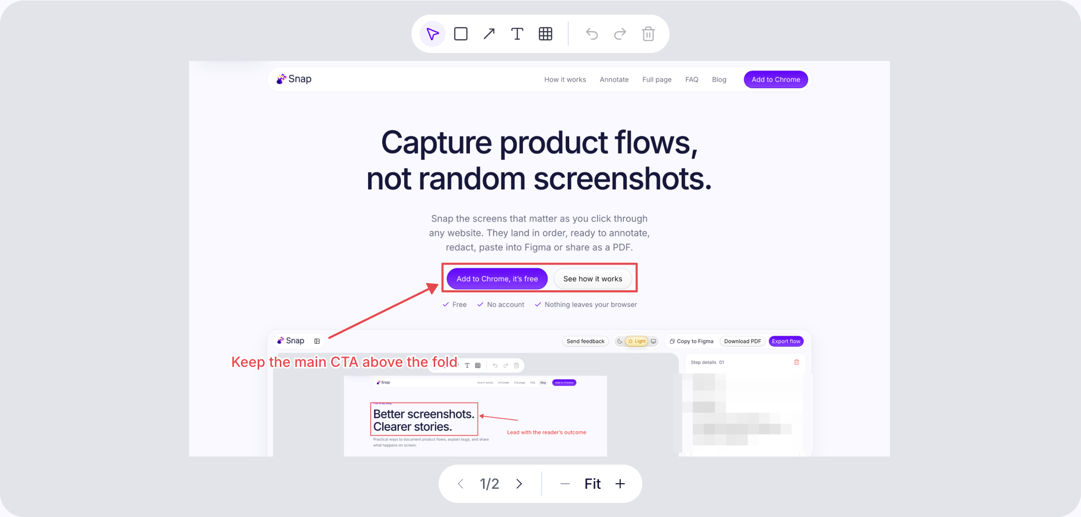 Close-up of an annotated capture of the snapflow.in hero: a red box around both buttons, an arrow and a text label.