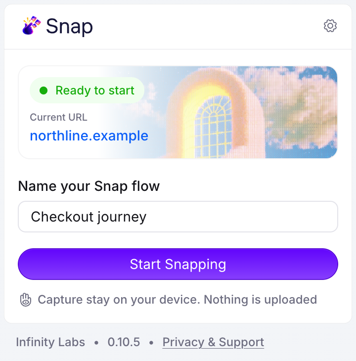 The Snap popup: current site, a flow name field and the Start Snapping button.