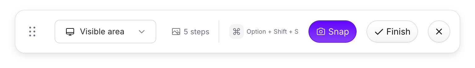The floating Snap toolbar with capture mode, step count, shortcut, Snap and Finish buttons.
